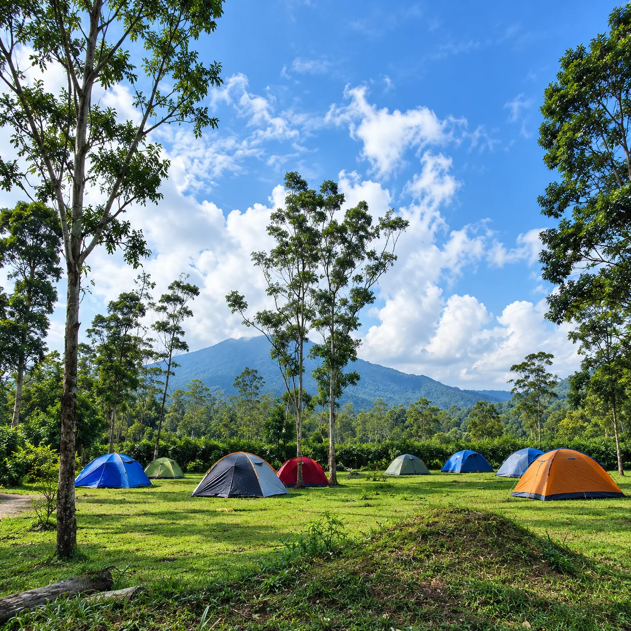 Deretan tenda di lapangan camping Edelweis berlatar pegunungan