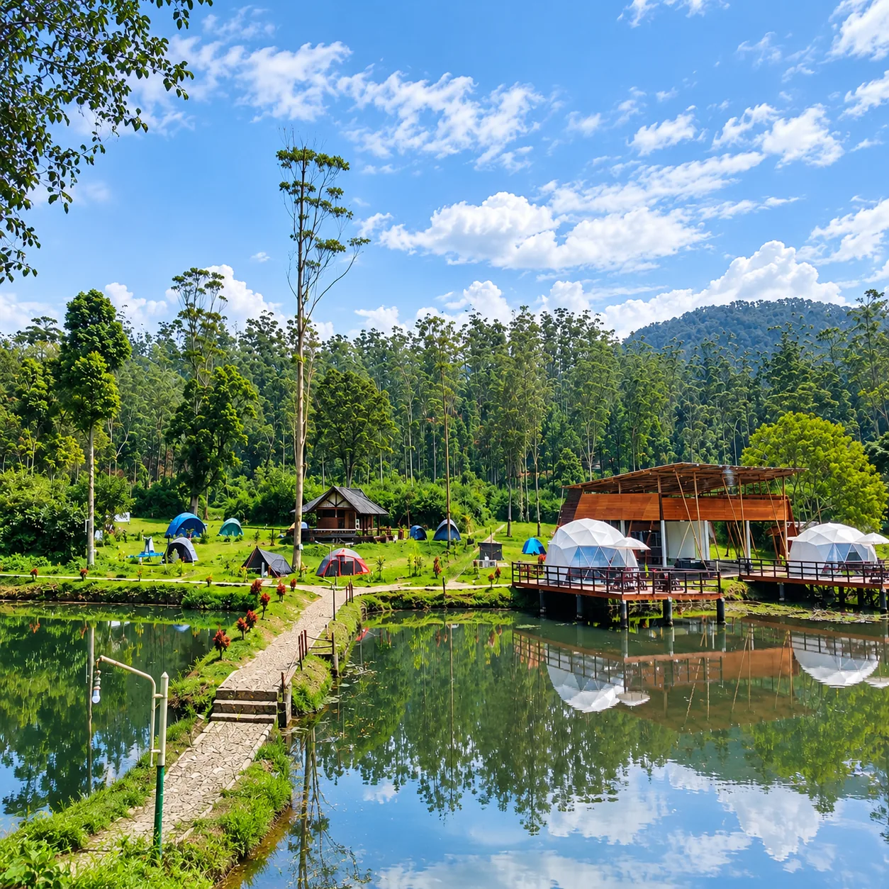 Tenda dome dan pondok di tepi danau dengan pantulan perbukitan